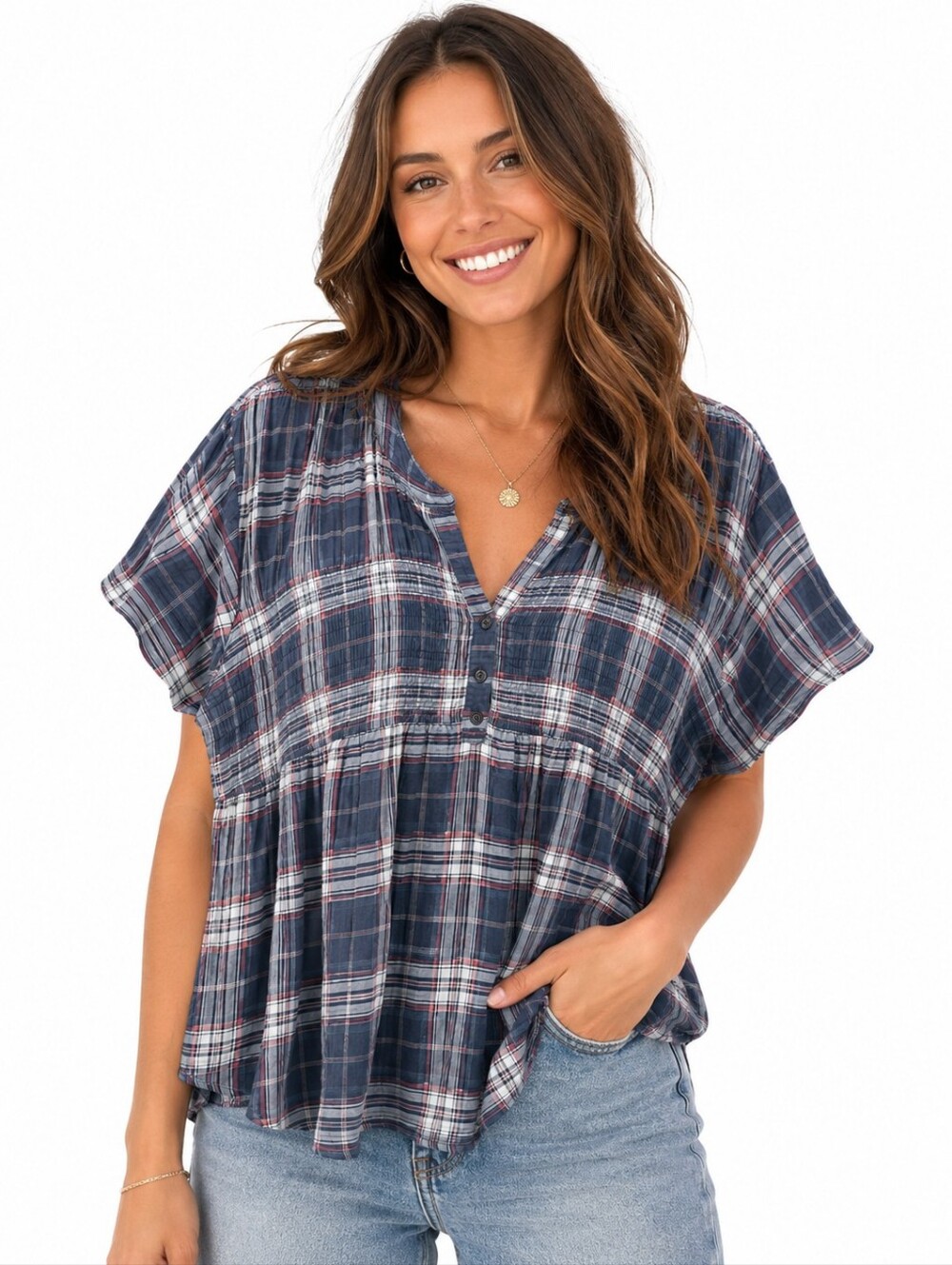Ivy Women’s Plaid Smocked Babydoll Blouse XXL Storm Short Sleeve Button Front